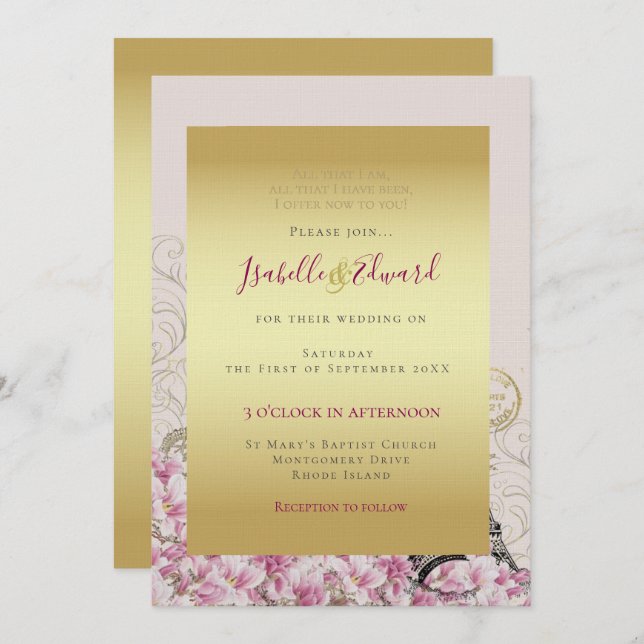 Romantic Vintage Paris France Eiffel Tower Wedding Invitation (Front/Back)
