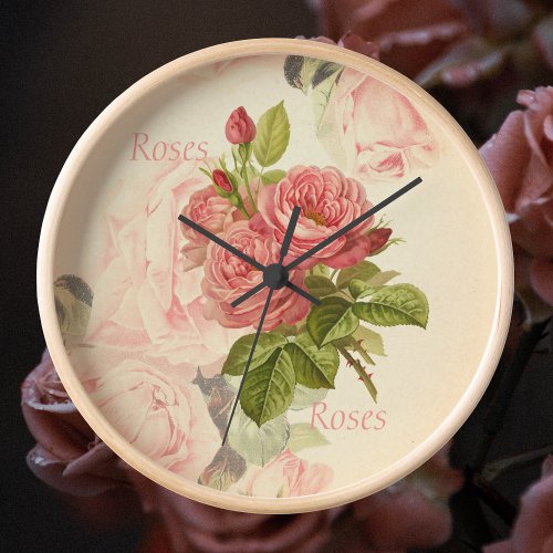Romantic Vintage Peach Roses with Roses Text Round Clock