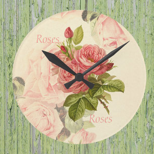 Romantic Vintage Peach Roses with Roses Text Round Clock