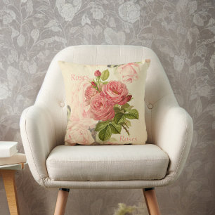 Romantic Vintage Peach Roses with Roses Text Throw Pillow