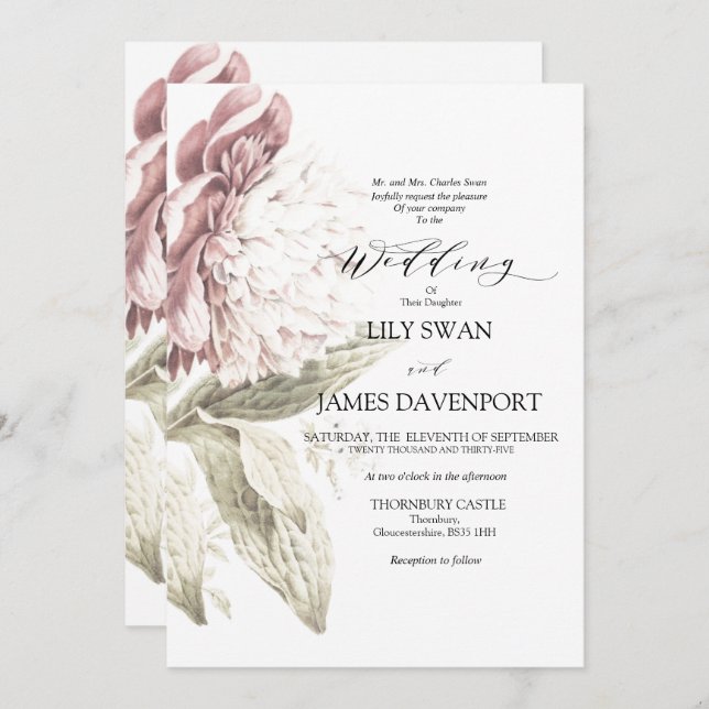 Romantic Vintage Peony Wedding Invitation (Front/Back)