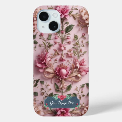 Romantic Vintage Pink Floral Rose iPhone 15 Case