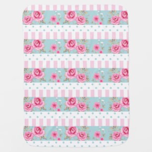 Romantic Vintage Pink & Mint Floral Roses Pattern Stroller Blanket
