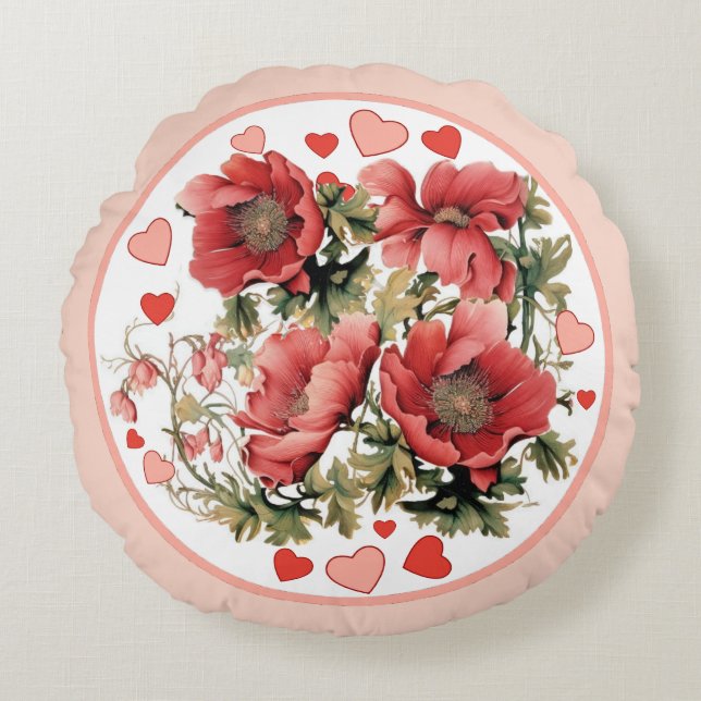  Romantic Vintage Poppy and Hearts   Round Pillow (Front)