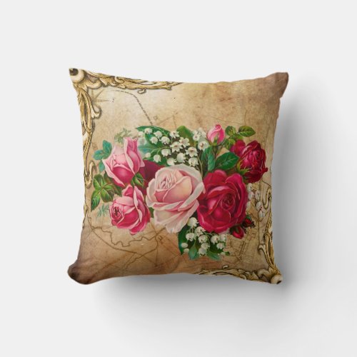 Romantic vintage red roses design on  throw pillow