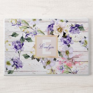 Romantic Vintage Retro Flowers on Barn Wood & Name HP Laptop Skin