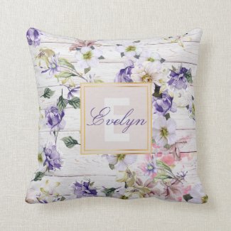 Romantic Vintage Retro Flowers on Barn Wood & Name Throw Pillow