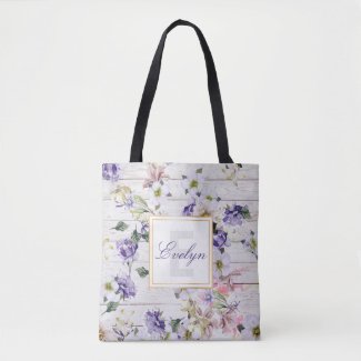 Romantic Vintage Retro Flowers on Barn Wood & Name Tote Bag