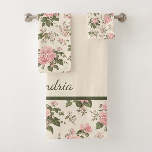 Romantic Vintage Rose Blossoms Floral Pattern Bath Towel Set