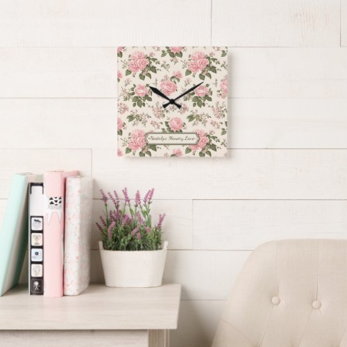Romantic Vintage Rose Blossoms Floral Pattern Square Wall Clock
