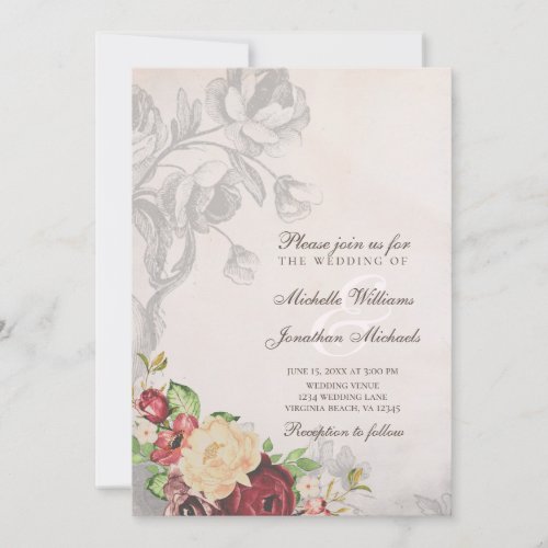 Romantic Vintage Rose Floral All in One Wedding Invitation