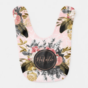 Romantic vintage roses and geometric design baby bib