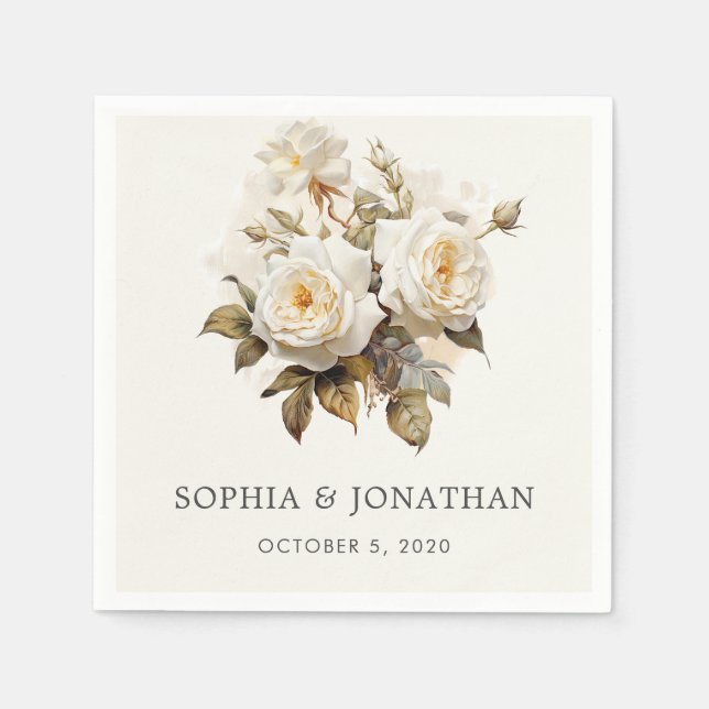 Romantic Vintage Roses Antique White Wedding Napkins (Front)
