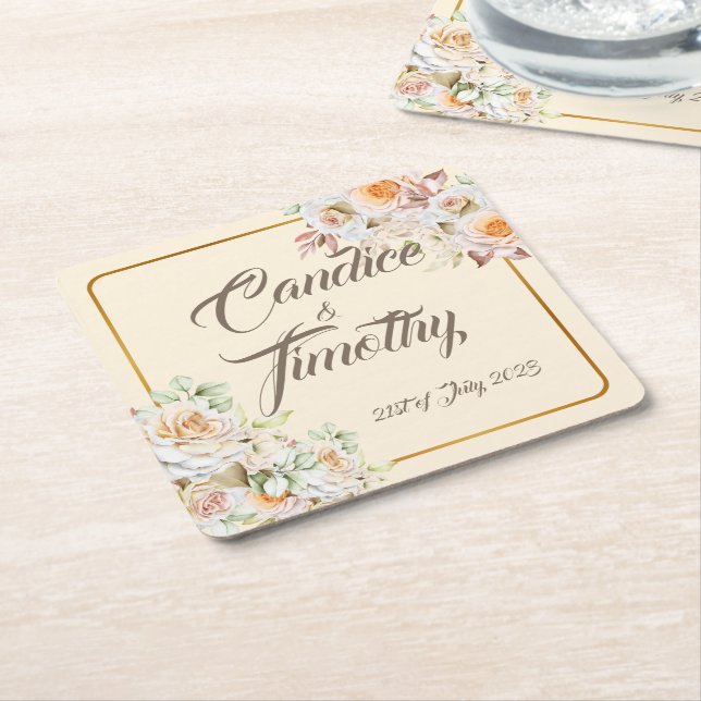 Romantic Vintage Roses. Personalize.  Square Paper Coaster (Angled)