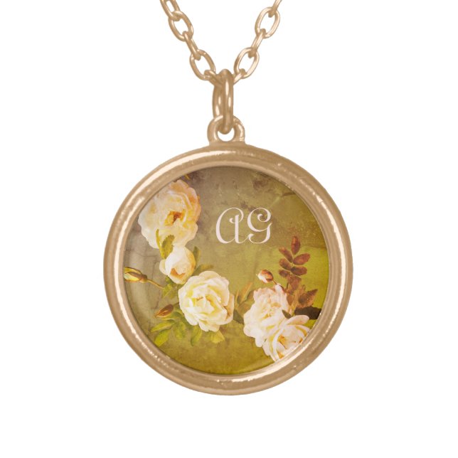 Romantic Vintage Roses Personalized  Gold Plated Necklace (Front)