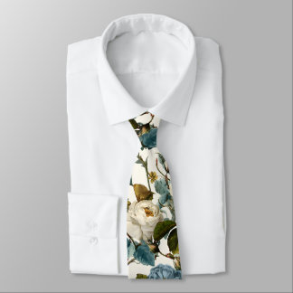 Romantic Vintage Roses White Blue  Neck Tie