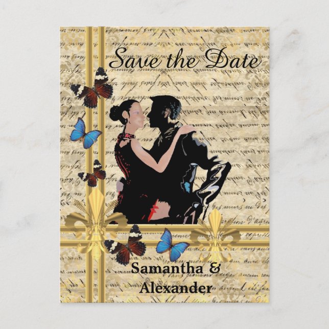 Romantic vintage save the date announcement postcard (Front)