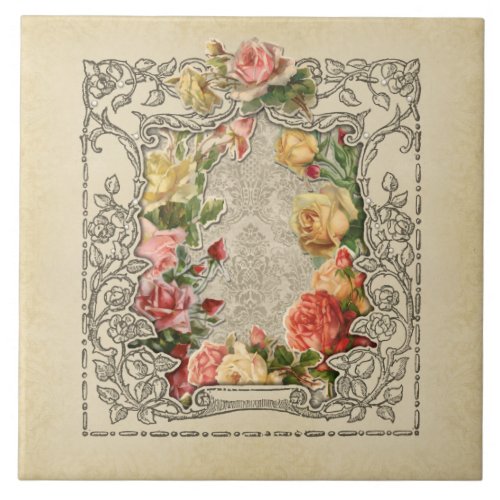 Romantic Vintage Sculpted Roses Ceramic Tile