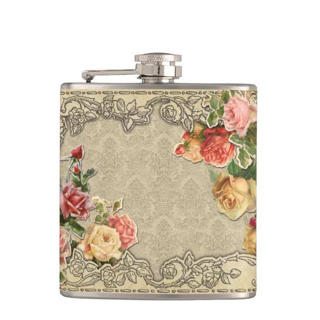 Romantic Vintage Sculpted Roses Hip Flask (Front)