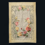 Romantic Vintage Sculpted Roses Kitchen Towel<br><div class="desc">Layers of beautiful roses in pastel shades of pink,  yellow and peach within a dimensional ornate engraved rustic floral frame on an ecru damask background. Note:  Sculpted,  engraved,  embossed and dimensional effects,  layered,  aged or eroded appearance,  textures and shadows achieved digitally. Actual product has a flat surface.</div>