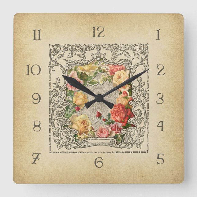 Romantic Vintage Sculpted Roses Square Wall Clock (Front)
