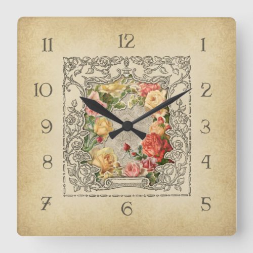 Romantic Vintage Sculpted Roses Square Wall Clock