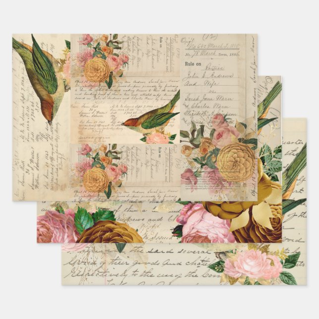 Romantic Vintage songbird with blush & gold roses  Wrapping Paper Sheets (Set)