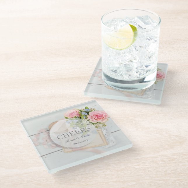 Romantic vintage spring flower editable wedding glass coaster (Angled)