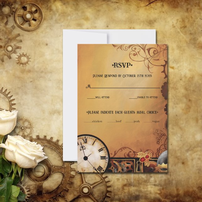 Romantic Vintage Steampunk Victorian Wedding RSVP Card (Creator Uploaded)