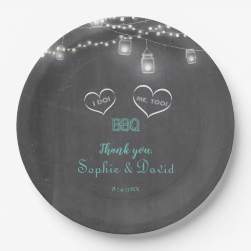 Romantic Vintage String Lights Chalkboard I DO BBQ Paper Plates