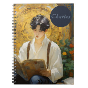 Romantic Vintage Style Art of Boy Reading Notebook