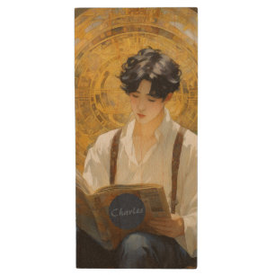 Romantic Vintage Style Art of Boy Reading Wood Flash Drive