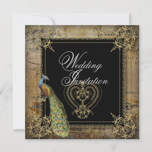 romantic vintage turquoise teal peacock wedding invitation (Front)