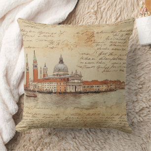 Romantic Vintage Venice Artwork with Script Throw Pillow