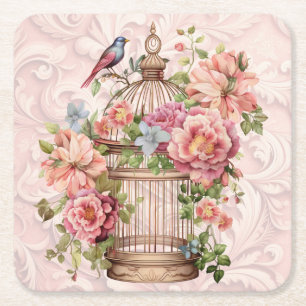 Romantic Vintage Watercolor Floral Birdcage Square Paper Coaster