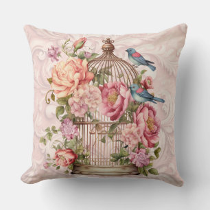 Romantic Vintage Watercolor Floral Birdcage Throw Pillow