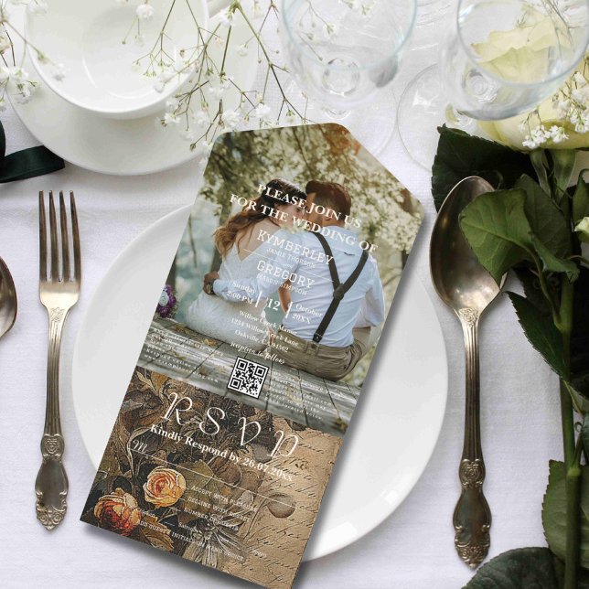 Romantic Vintage Watercolor Peach Rose QR Code All In One Invitation (Creator Uploaded)