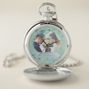 Romantic Vintage Watercolor Photo Wedding Keepsake Pocket Watch