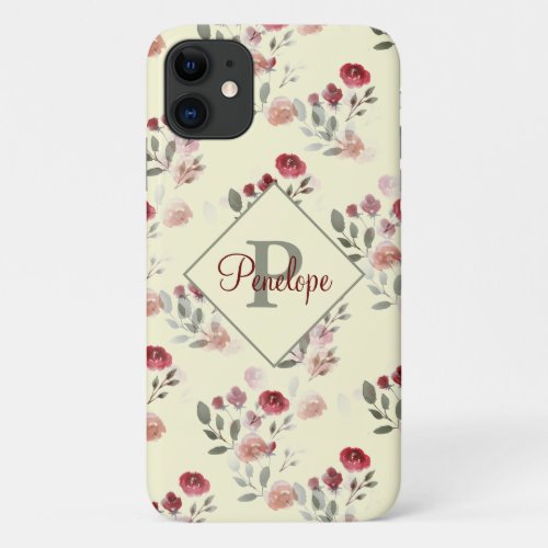 Romantic Vintage Watercolor Roses Pattern Monogram iPhone 11 Case