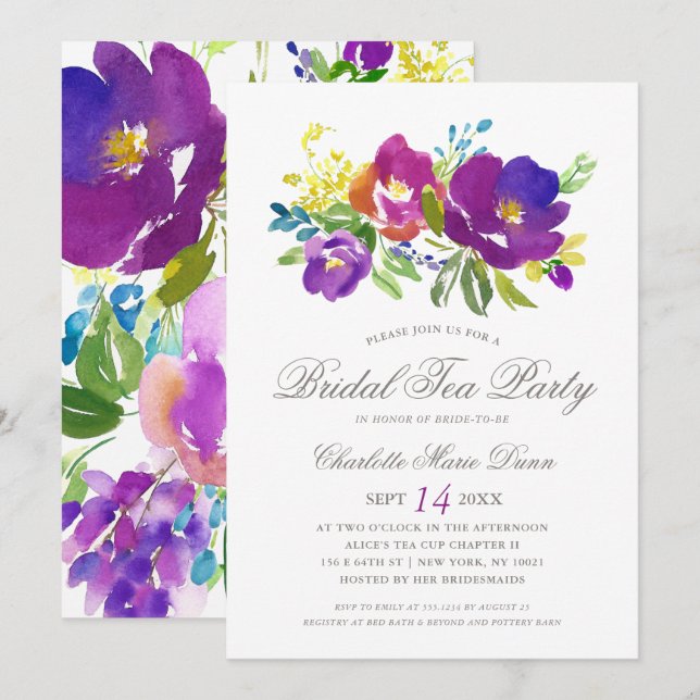 Romantic Violet Floral Bridal Shower Invitation (Front/Back)