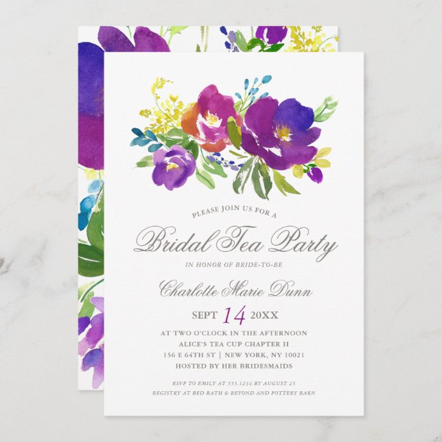 Romantic Violet Floral Bridal Shower Invitation (Front/Back)