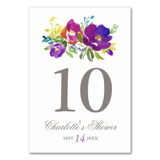 Romantic Violet Floral Bridal Shower Table Number (Front)