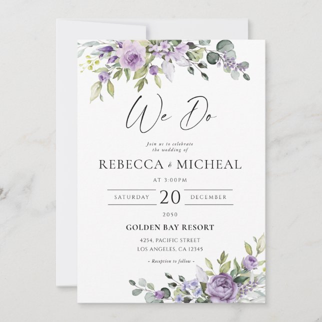 Romantic Violet Flowers Wedding Invitation (Front)