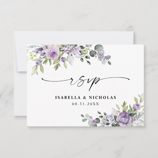 Romantic Violet Flowers Wedding RSVP Card (Front)