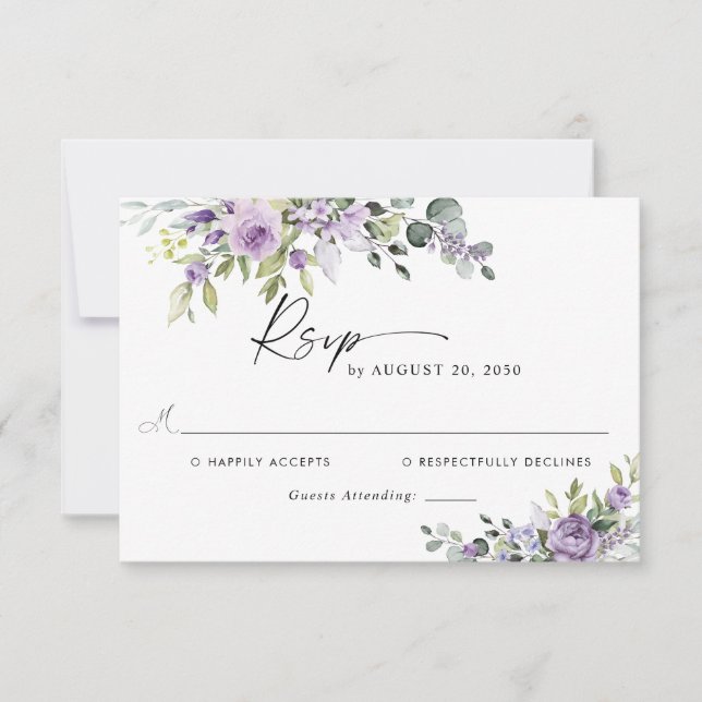 Romantic Violet Flowers Wedding RSVP Card (Front)