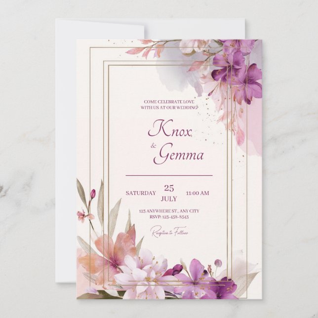 Romantic Violet Purple Gold Frame Floral Wedding Invitation (Front)