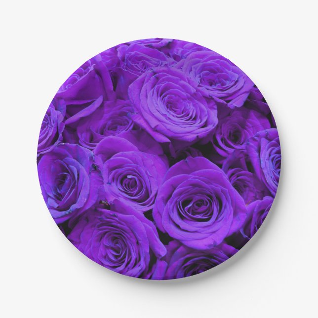 romantic violet purple roses, pretty rose bouquet paper plates (Front)