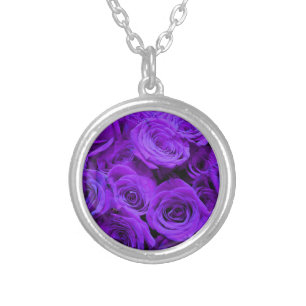romantic violet purple roses, pretty rose bouquet silver plated necklace
