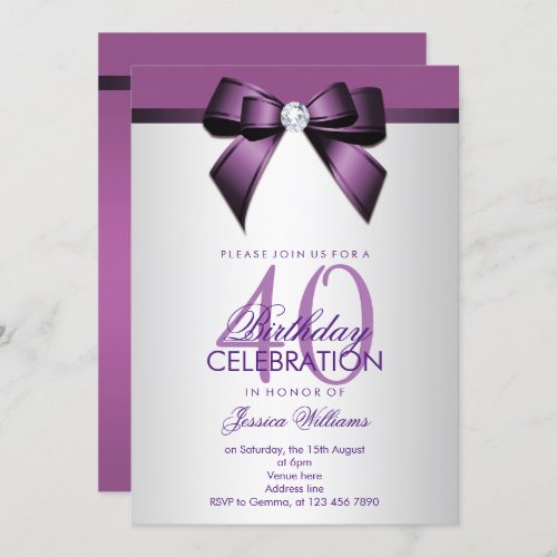 Romantic Violet  Silver 40th Birthday Party Invitation