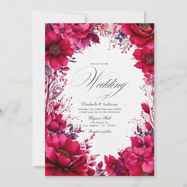 Romantic Viva Magenta Floral Wedding Invitation (Front)
